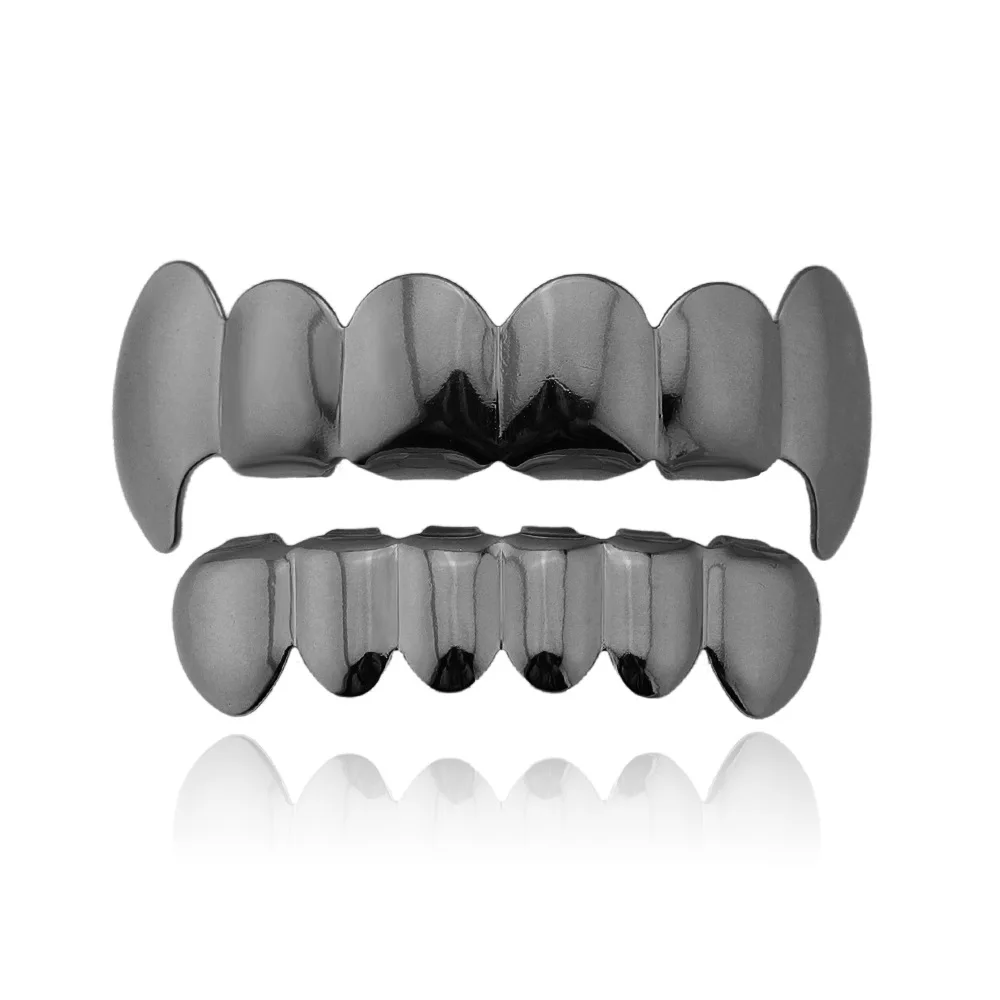 1set Hip Hop Black Color Teeth Grillz Plated Dental Grills Rock Tooth Grillz Caps Crystal Teeth Caps Halloween Vampire Cosplay