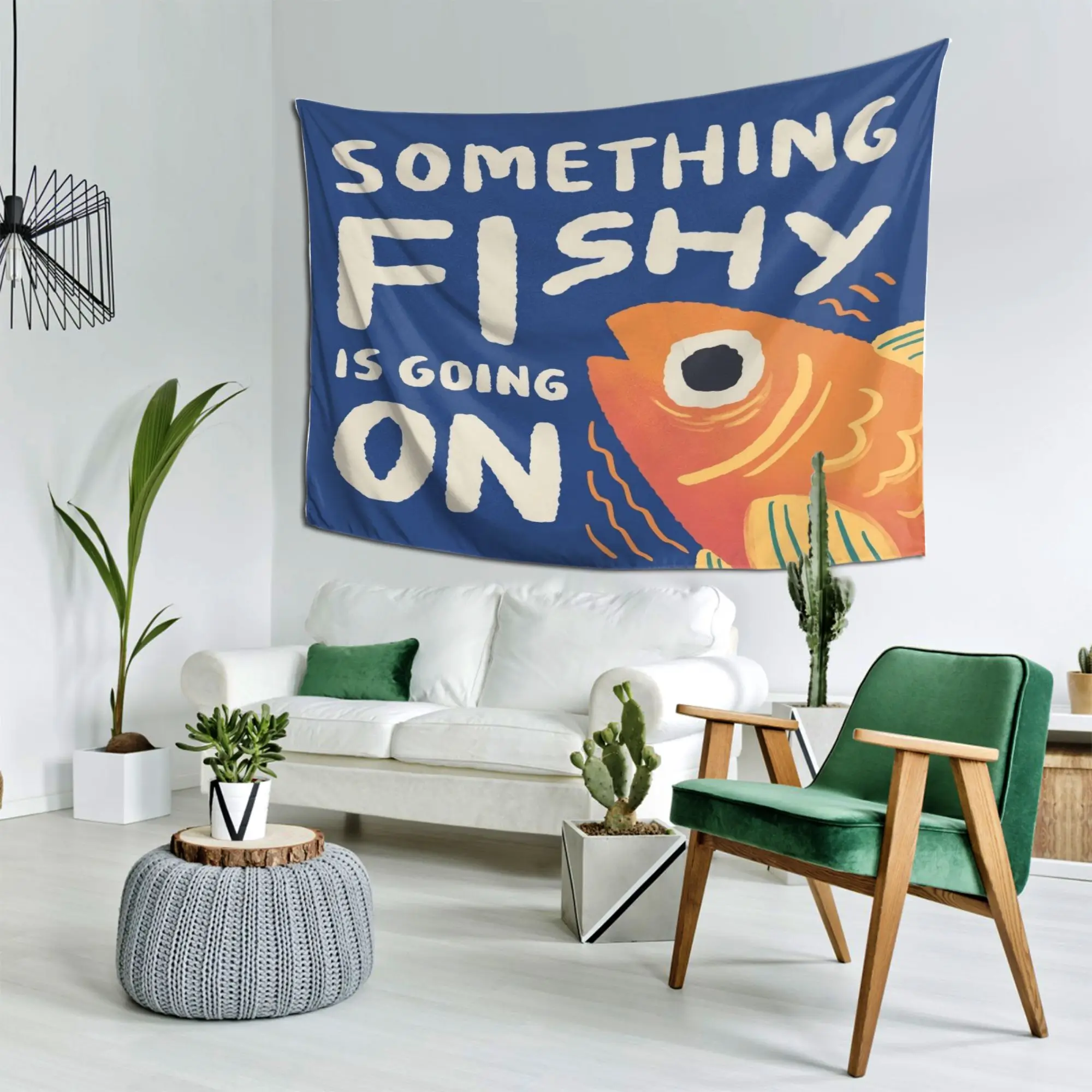 American Retro Hand-painted Small Fish Tapestry Fun English Slogan Illustration Hanging Cloth Creative Room Renovation Tapestry