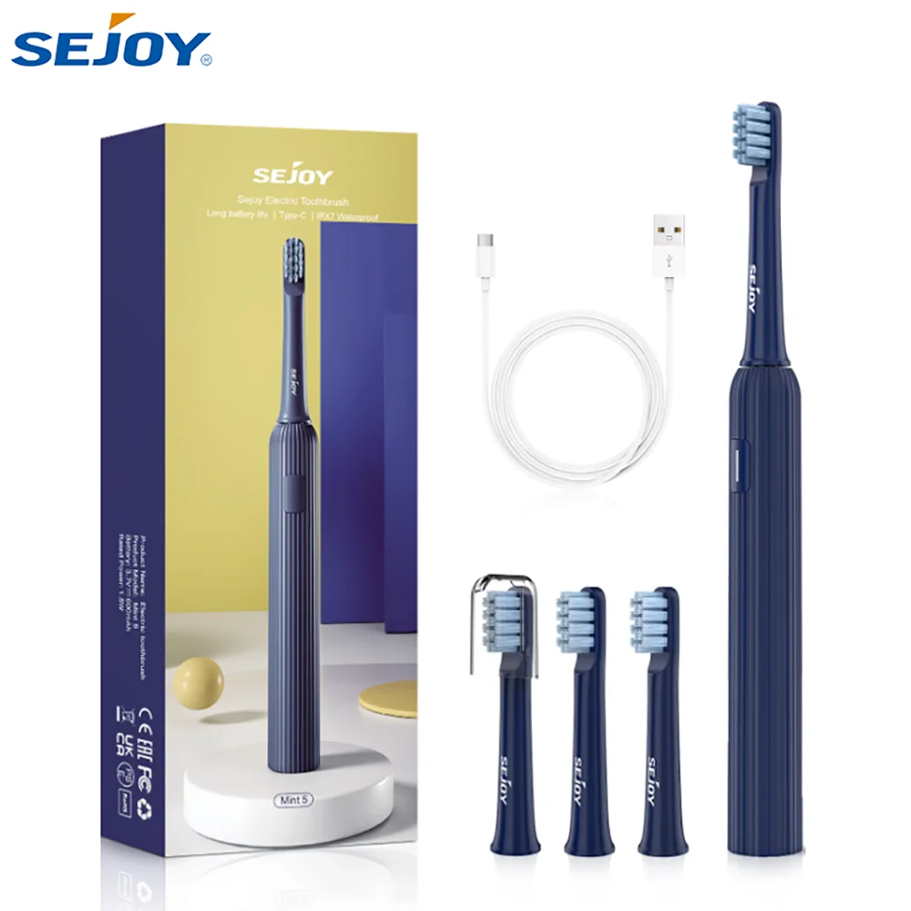 

Аккумуляторная электрическая зубная щетка Sejoy Sonic Smart Toothbrush с 6 режимами и 4 сменными насадками для взрослых и детей, стоматологическая
