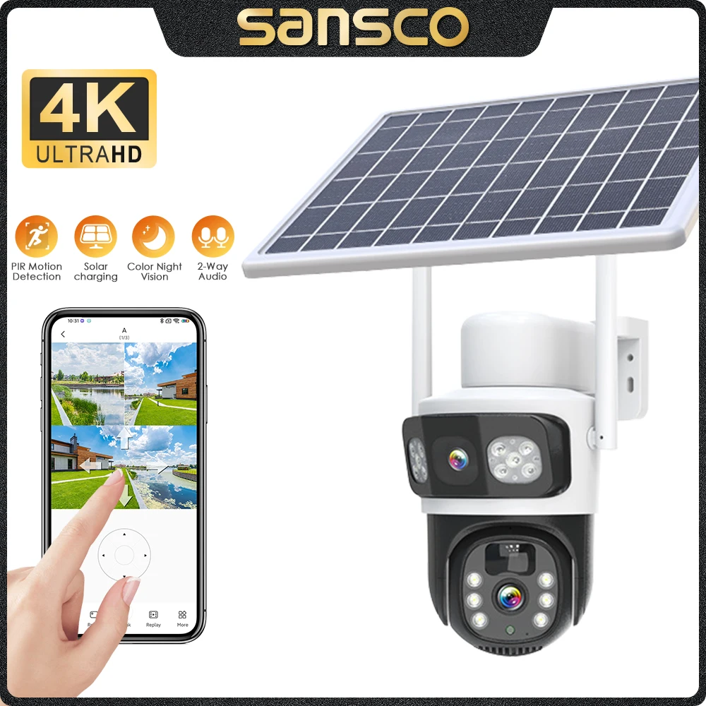 

SANSCO 4K 8MP Dual Lens WIFI Solar Camera Dual Screen Battery PIR Human Detection Outdoor 4MP PTZ Security IP Camera Eseecloud