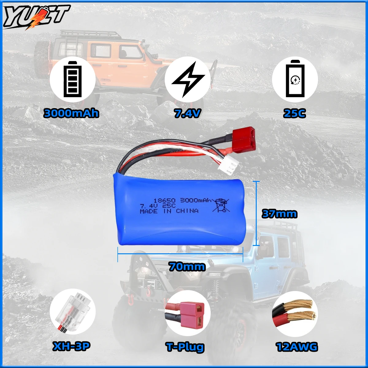 YUCT 7.4V 3000mAh 2S LiPo Battery - High-Capacity Upgrade for WLtoys 12428, 124017, 144010, WL912A RC Cars