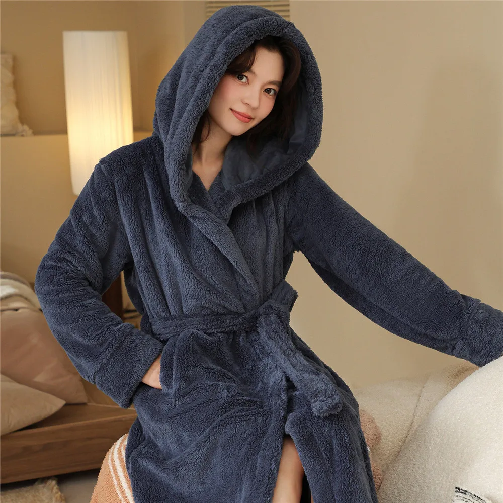 Women Hooded Flannel Bathrobe Belted Wrap Robe Autumn Winter Warm Loungewear Sleepwear