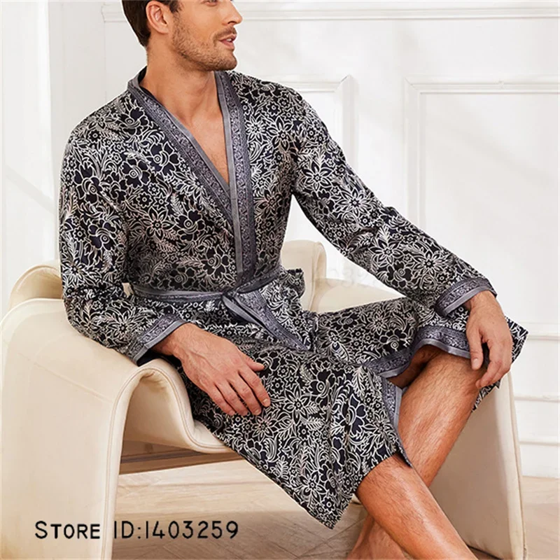 Kimono imprimé bleu marine pour hommes, vêtements de nuit décontractés en satin, robe de peignoir avec ceinture, vêtements de détente, printemps, vêtements de nuit d'été