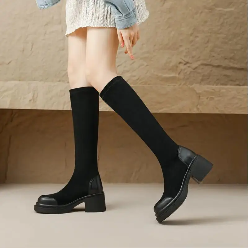 ORCHALISA Stretch Women Thigh Boots Round Toe Block Heels 6cm Slip On Sexy Party Shoes Size 40 41 42 43 Autumn Female Bota