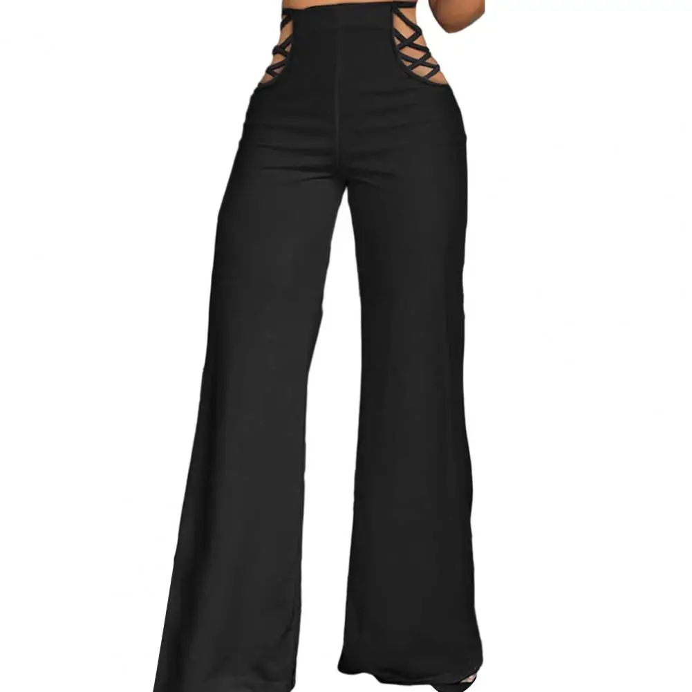 

Women Long Pants Hollow Out High Waist Draped Straight Wide Leg Cuffs Trousers Streetwear