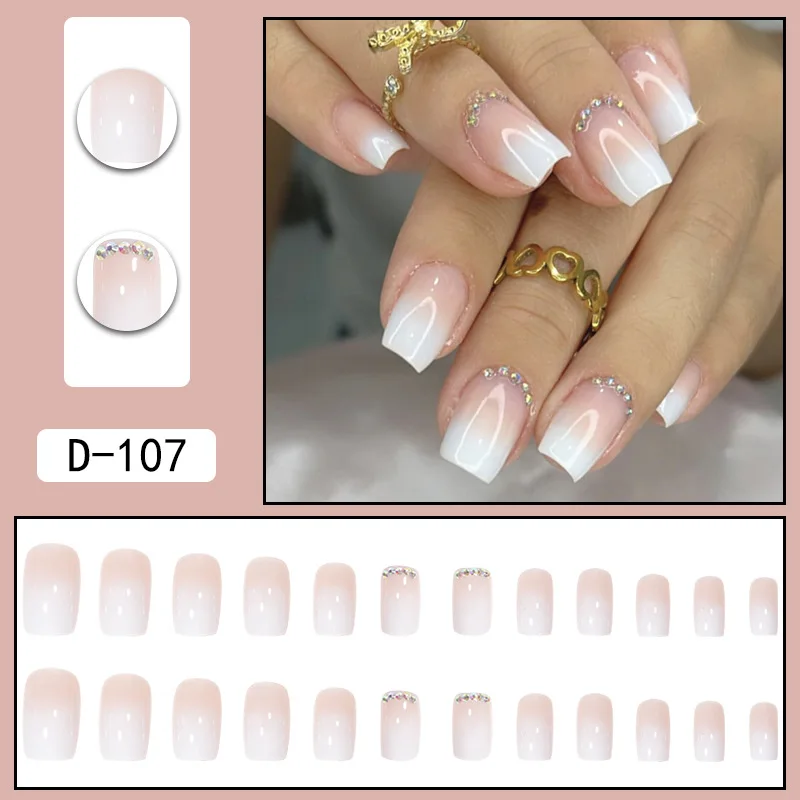 24 uñas postizas largas en forma ataúd con degradado y decoración de pedrería, incluye cinta y lima. 6
