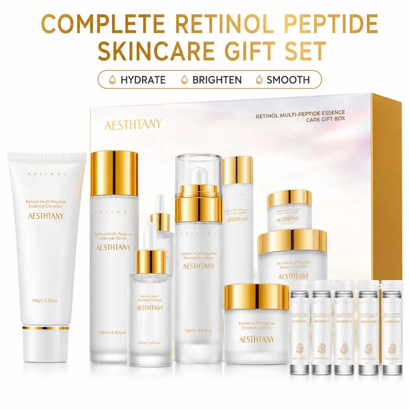 AESTHTANY Retinol Peptide Skincare Set Hydrating Brightening Cleanser Toner Serum Emulsion Cream Eye Care Gift Set