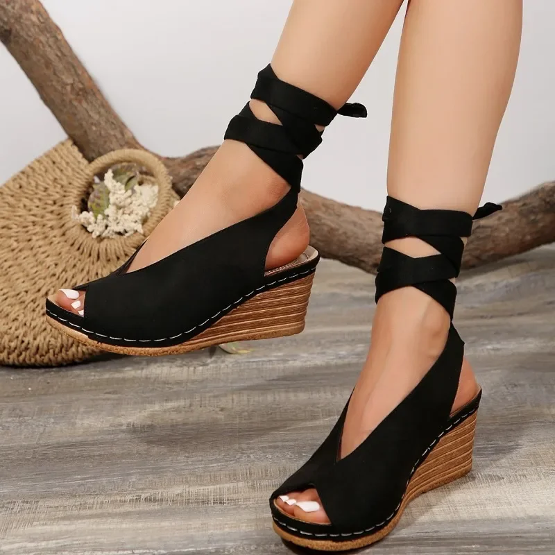 

2025 High Quality Ladies Shoes Peep Toe Women's Sandals Fashion LacingCasual Sandals women Summer Plus Size Wedge Sandals