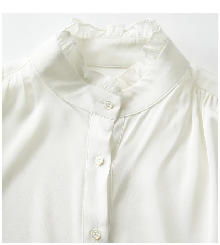 윈슬레터-19MM 92.3% 실크 7.7% 스판덱스 우아한 셔츠, 스탠드 러플, 여성 기품 출퇴근 블라우스, 2025 가을 신상 T59333CC