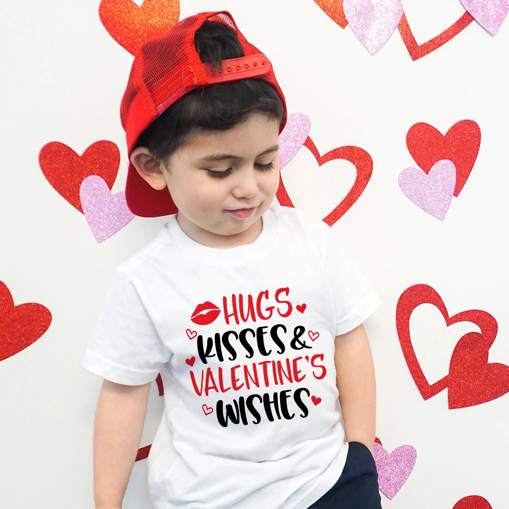 Hugs Kisses Valentines Wishes Kids T Shirt Child Clothes Tops Boys Girls Shirt Valentine's Day Party Gift Outfit Sibling T Shirt