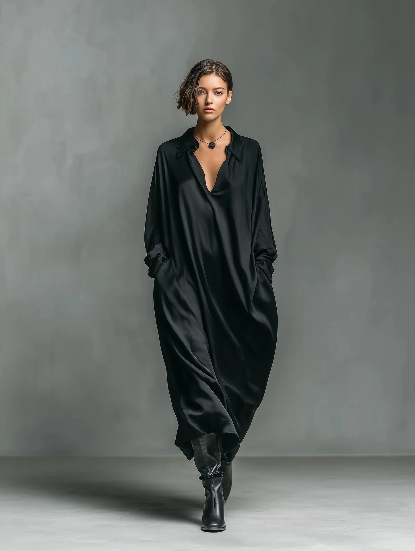 Satin Oversize-Hemdkleid mit Reverskragen, V-Ausschnitt, Taschen, Locker Fallend, Minimalistisch Elegant, Tägliches Freizeitkleid für Damen