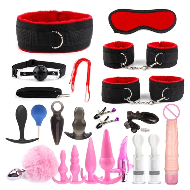 

20RF 21pcs Sex BDSM Collar Handcuff Chain Slave Rope Bondage Butt Plug Whip Vibrator Fetish for Women Couples