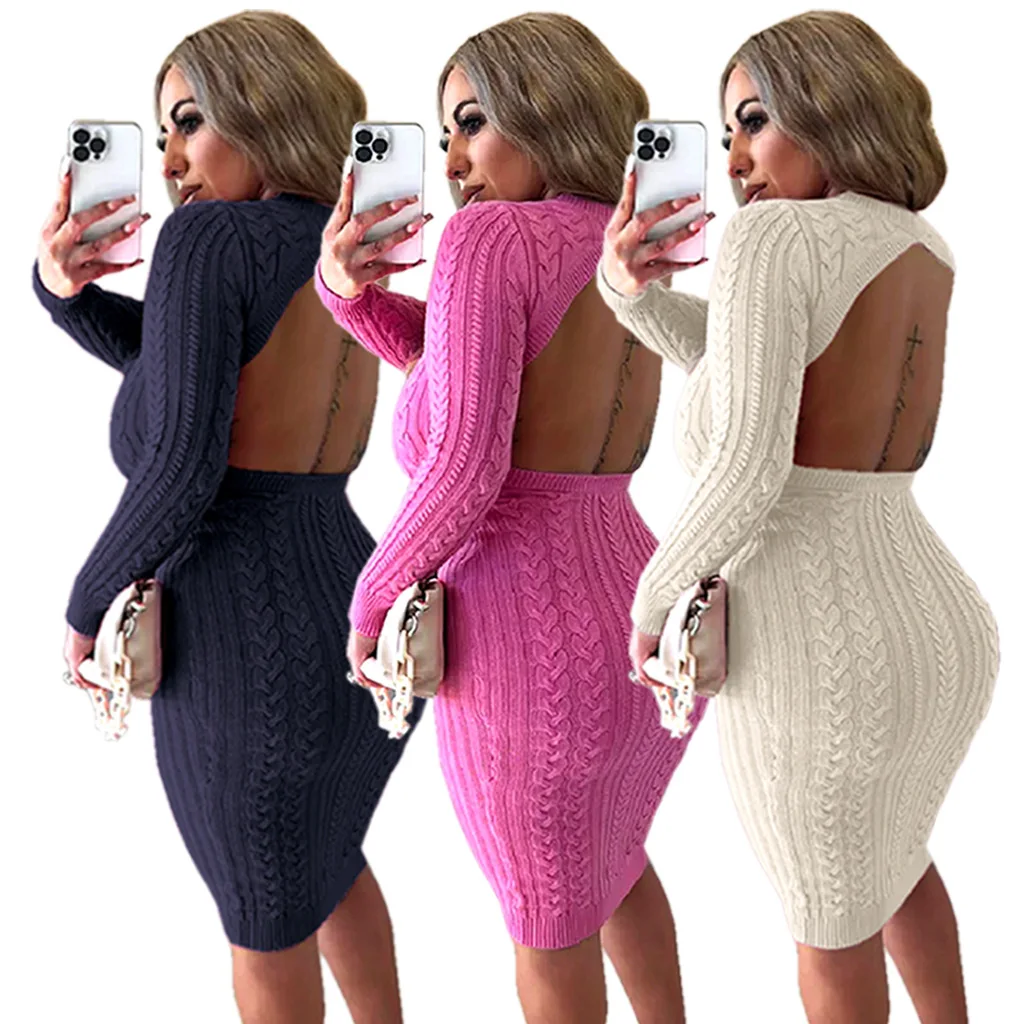 Women's Solid Color Backless Long Sleeved Sexy Fashion Sweater Dress 2024 Autumn