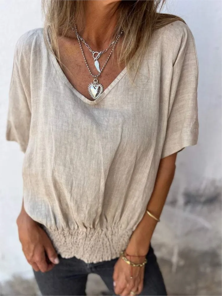 Summer New T-shirt Fashion Elegant Short V Neck Loose Pullover Shirt Solid Color Comfortable Casual Blouse Women Tops T Shirt