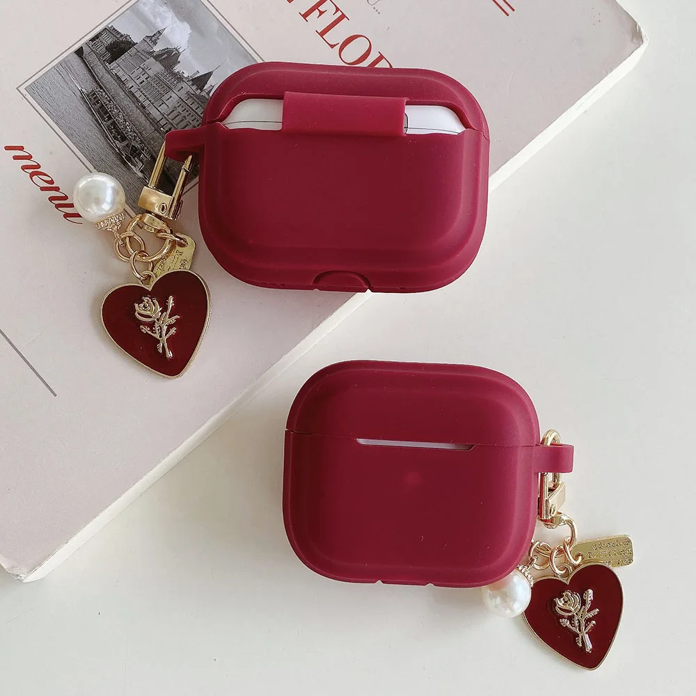 Vintage Wine Red Silicone Earphone Case For Apple Airpods 1 2 3 4 Pro 2nd Headset Box Cover With Rose Love Heart Pearl Pendant