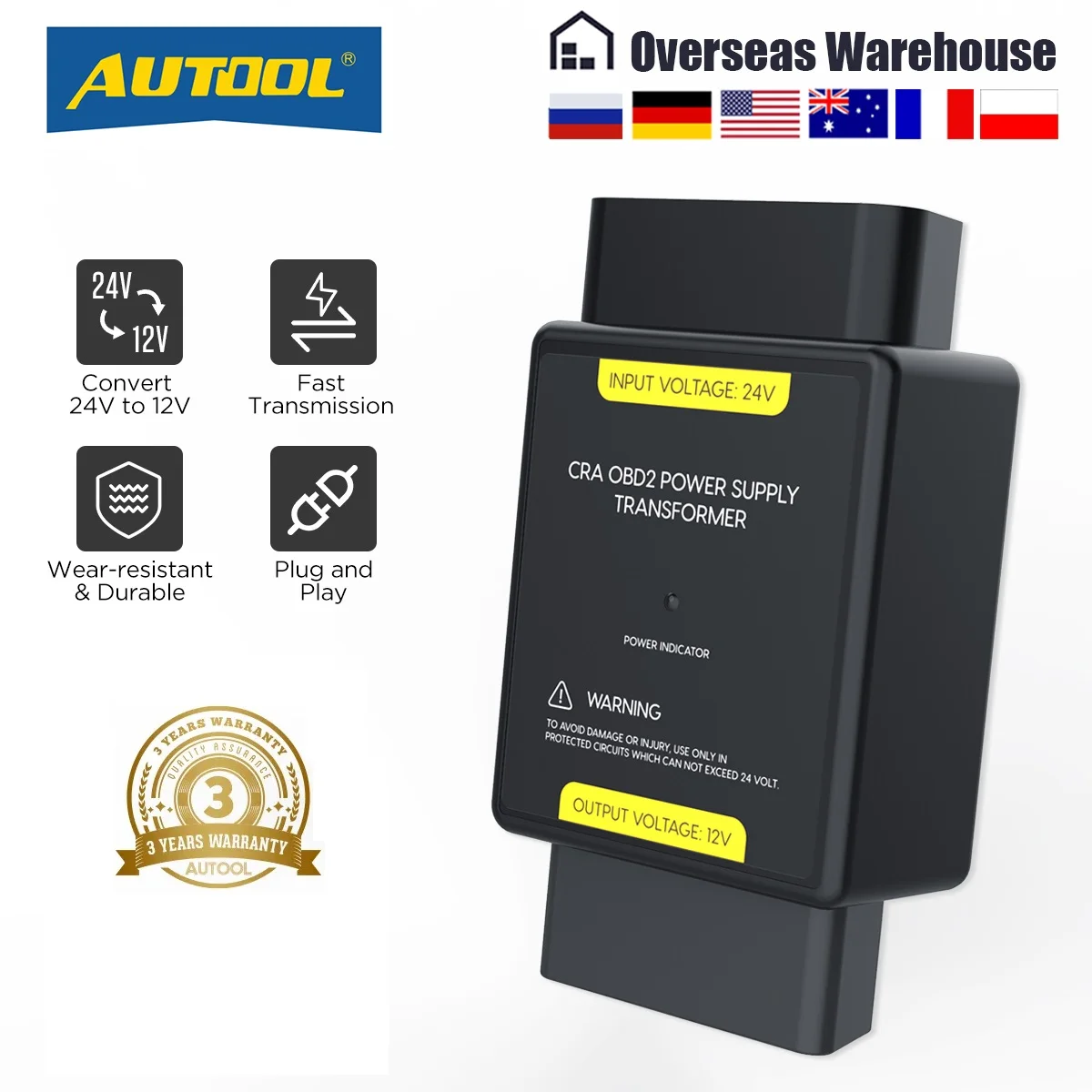AUTOOL Fuente de alimentación OBD Adaptador de 24 V a 12 V Voltaje de entrada 24 V a voltaje de salida Conector adaptador OBD de 12 V