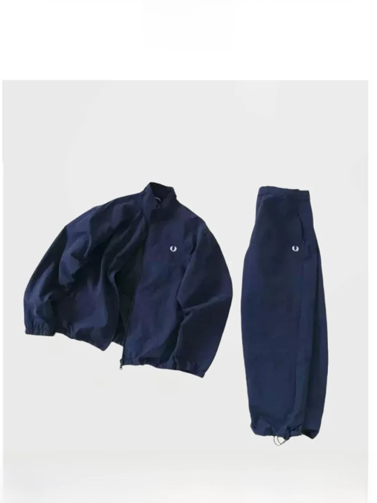 

Retro Embroidered Loose Fit Jaet Pants Set Men's Casual Wear Long Sve Stand Collar Youth Trend Spring Autumn Winter