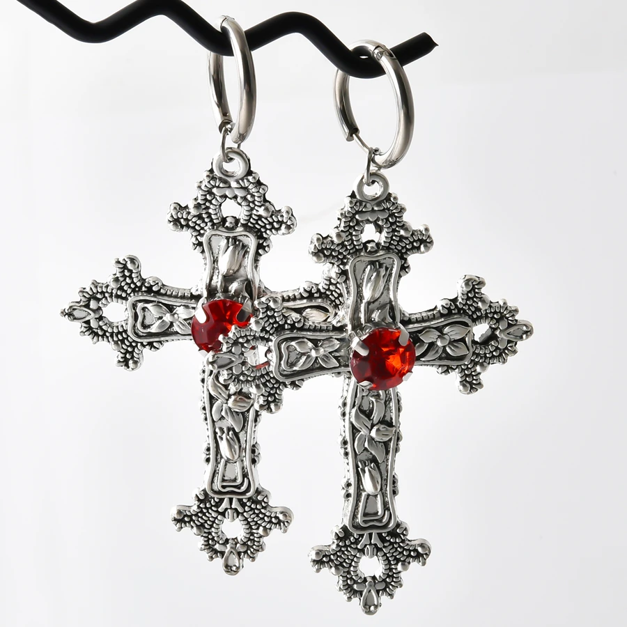 Picture 7: Gothic  Flower Large Cross Y2K Women Hoop Earrings Halloween Witchcraft Crucifix Ear Aretes Aesthetic Boucle Oreille Jewelry