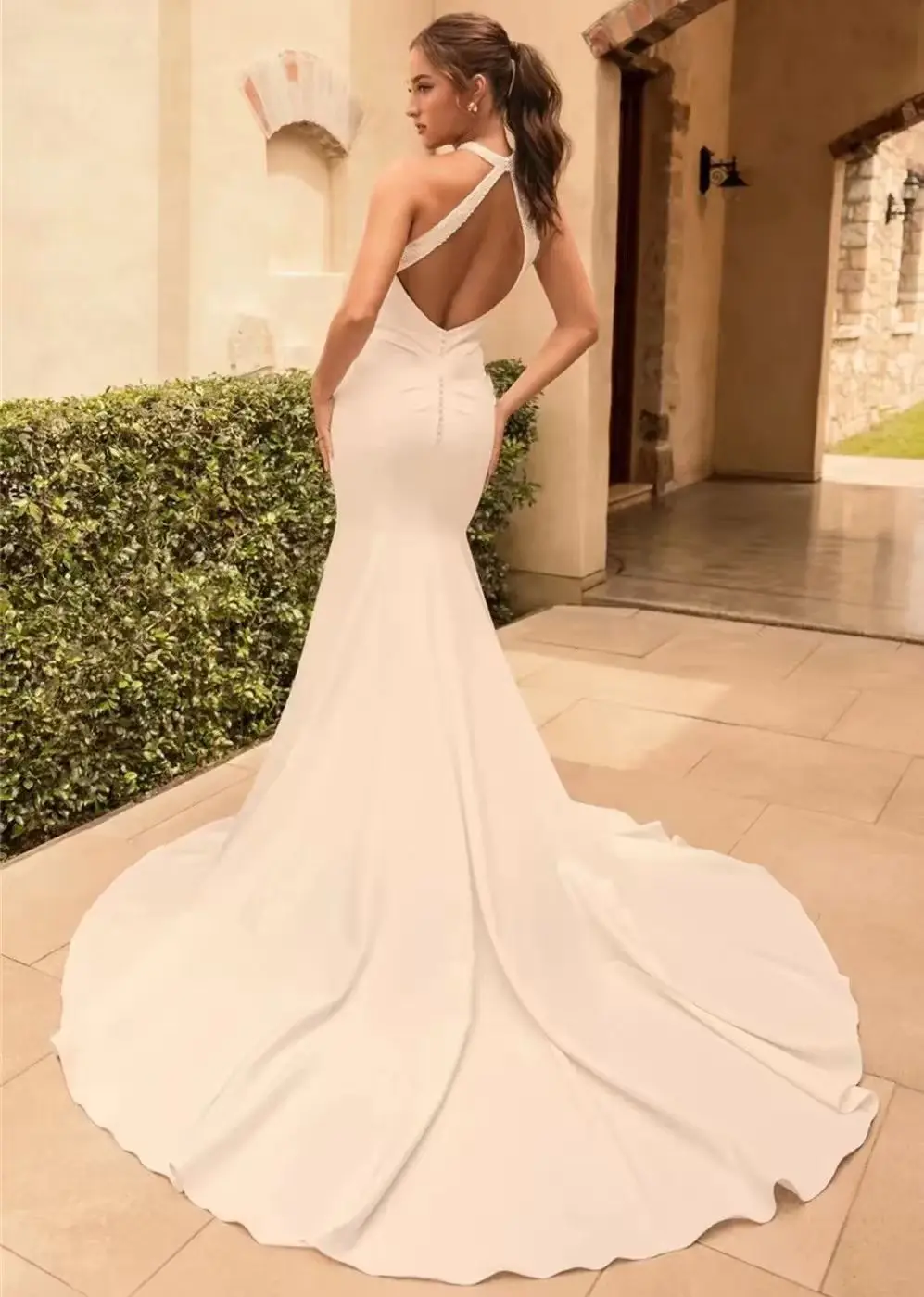 Elegant Halter Pleat Mermaid Wedding Dress Women Sleeveless Open Back High Side Split Bridal Gown Custom Amanda Novias Official