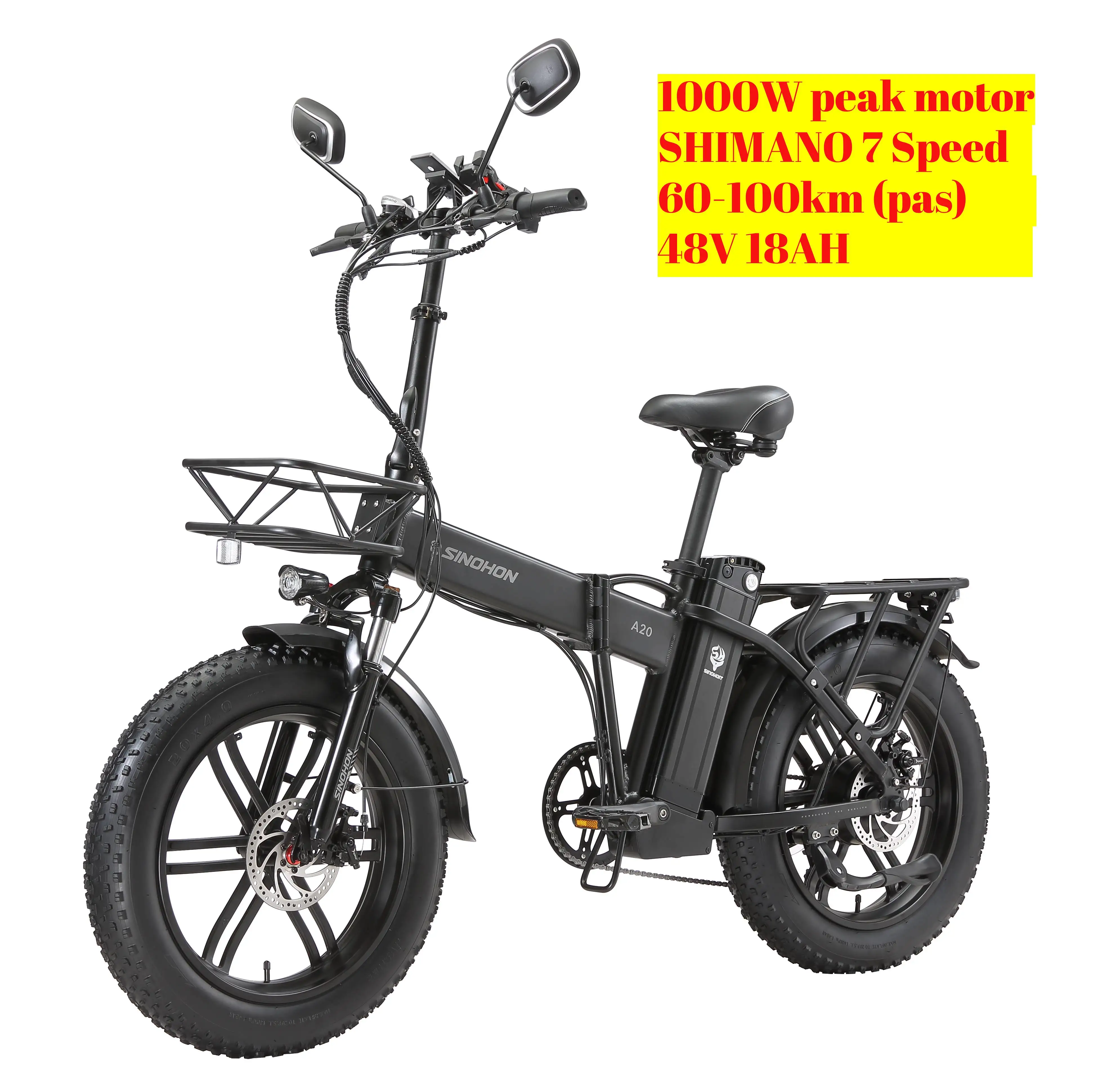 Bici elettrica pieghevole A20 1000W, batteria rimovibile 48V 18Ah, 28MPH, pneumatici grassi 20x4.0, SHIMANO 7 velocità, IP65, lega di alluminio