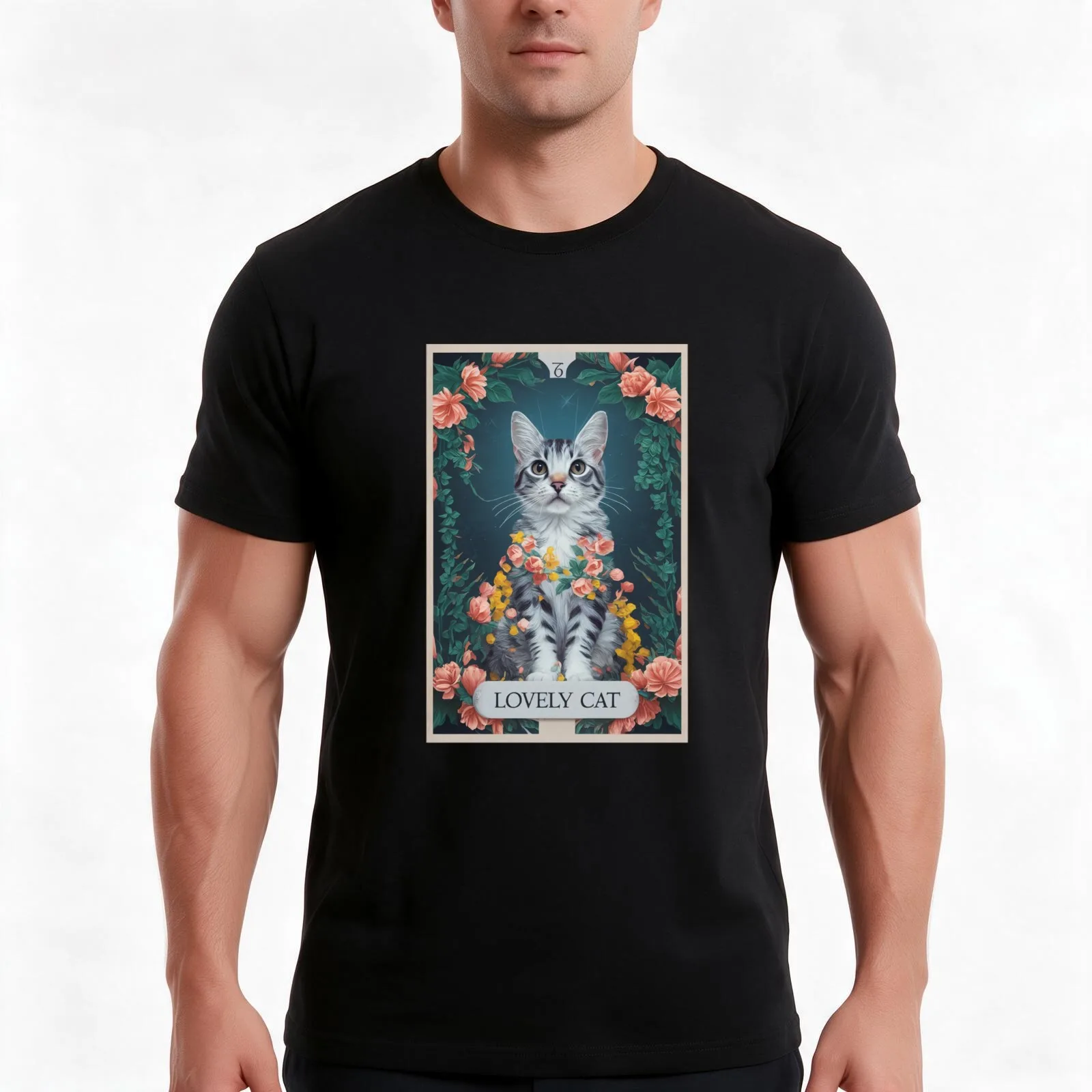 Lovely floral cat sticker T-Shirt, Summer Casual Cotton Tee, Oversized Streetwear Tops, Vintage Graphic Print, Unisex Men Women