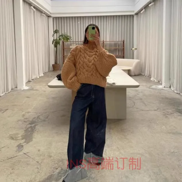 2023 primavera e autunno addensato grande pasta fritta colpi di scena modello pura lana collo alto Pullover maglione maglieria filo spesso Raglan