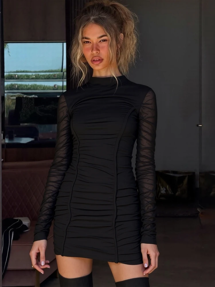 เดรสคอเต่าผ้าตาข่ายลายปะติดสำหรับผู้หญิง ดีไซน์พับจีบ แฟชั่นฤดูใบไม้ร่วง แขนยาว ทรงเข้ารูป เรียบง่าย คลาสสิก ยืดหยุ่น เหมาะสำหรับงานปาร์ตี้ ทรงมินิ