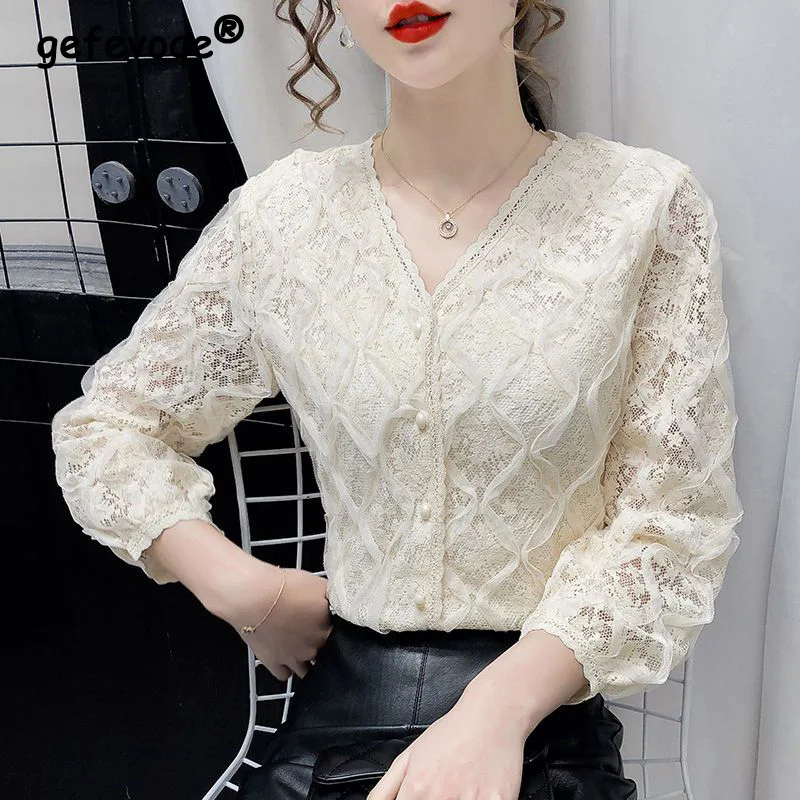 Vintage Elegant Chic Lace Korean Fashion Slim Sweet Tops Blouses for Women Casual V Neck Long Sleeve Solid Shirts Female Clothes