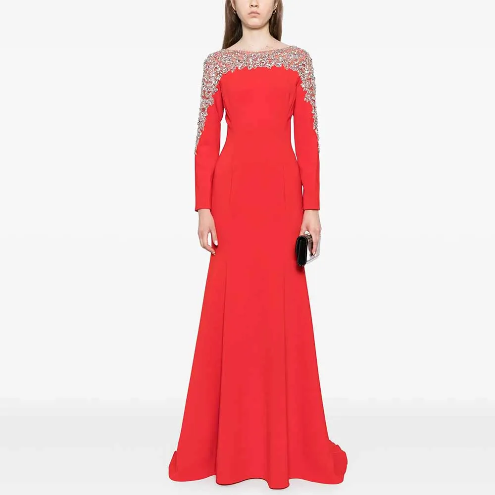 

2025 Women's Long Chic Evening Dresses Jersey Mermaid/Trumpet Evening Dress Orange O-Neck Rhinestones/Crystals Prom Dress