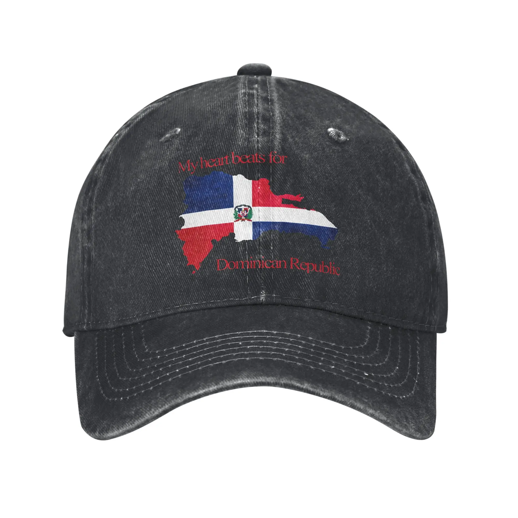 Unisex My heart beats for Dominican Republic Flag  Print Hat Casual Distressed Denim  Baseball Cap Adjustable