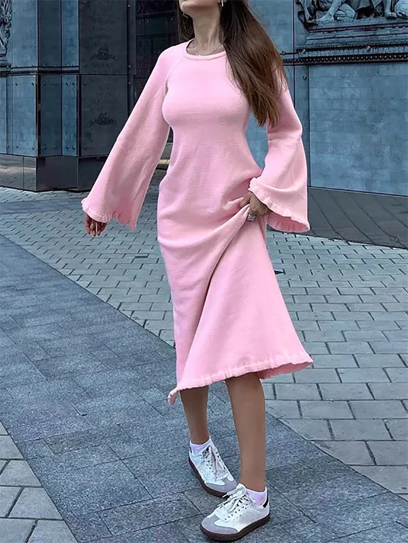 Herbst mode Rüschen rosa Strickkleid, Frauen Volant Langarm sexy rücken freie Schnürung langes Party kleid, weibliche Strand Vertuschungen