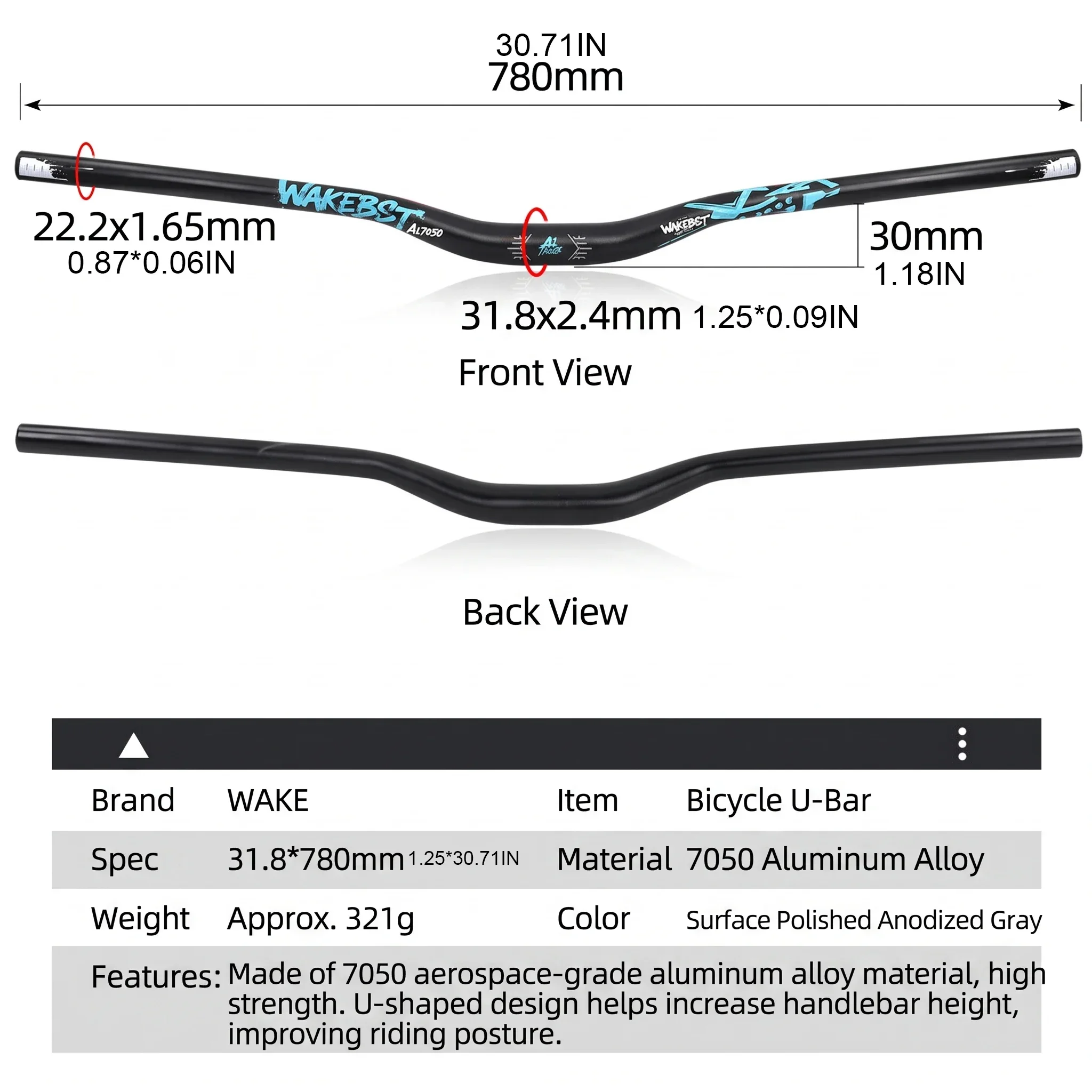 WAKE High-Intensity Downhill Cross-Country Bicycle Handlebar 31.8mm MTB Mountain Bike Aluminum Alloy 780mm Handle Bar Rise 30mm
