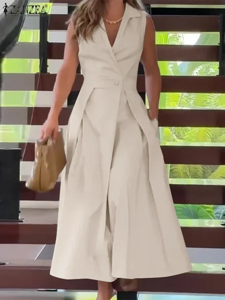 ZANZEA Women Solid Color A Line Dress Lapel Collar V Neck Casual Loose Sleeveless Office OL Dress Ruffled Pocket Holiday Vestido