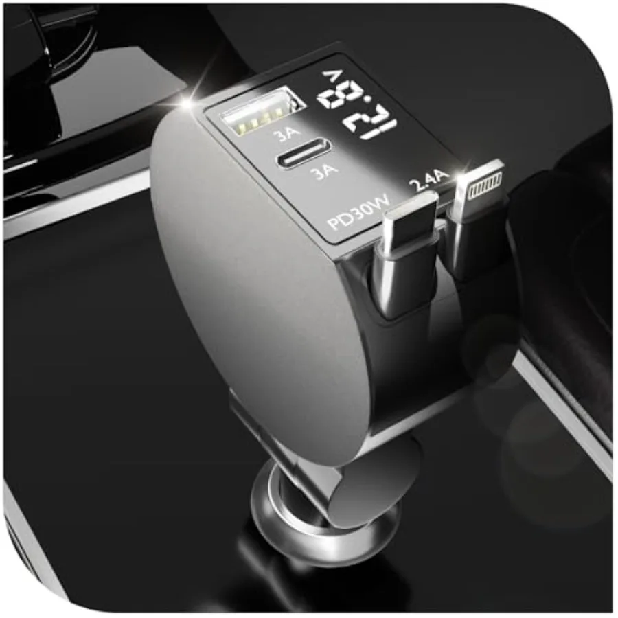 

Retractable car Charger USB c, 4 in 1 Retractable car Charger 65W, Retractable Cable with USB-C and Lightning Ports, Compatible