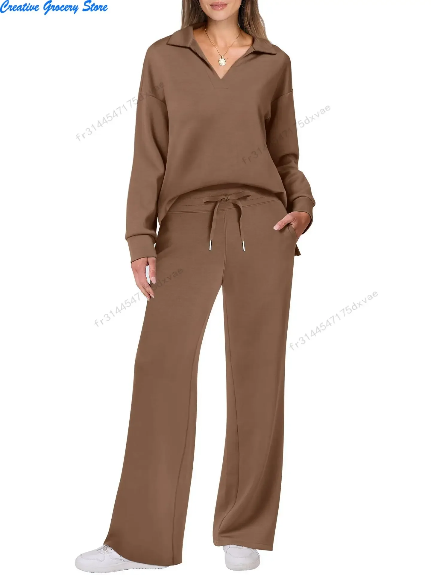 مجموعة سراويل نسائية غير رسمية جديدة للخريف والشتاء أوروبية وأمريكية بأكمام طويلة برباط بلون سادة #4