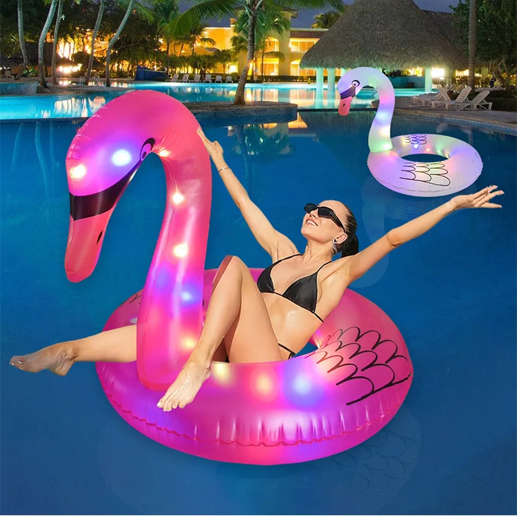 Flotador inflable para piscina de flamencos con luces, flotadores de piscina alimentados por energía Solar, anillos de tubo de natación, tumbona de balsa de verano para adultos