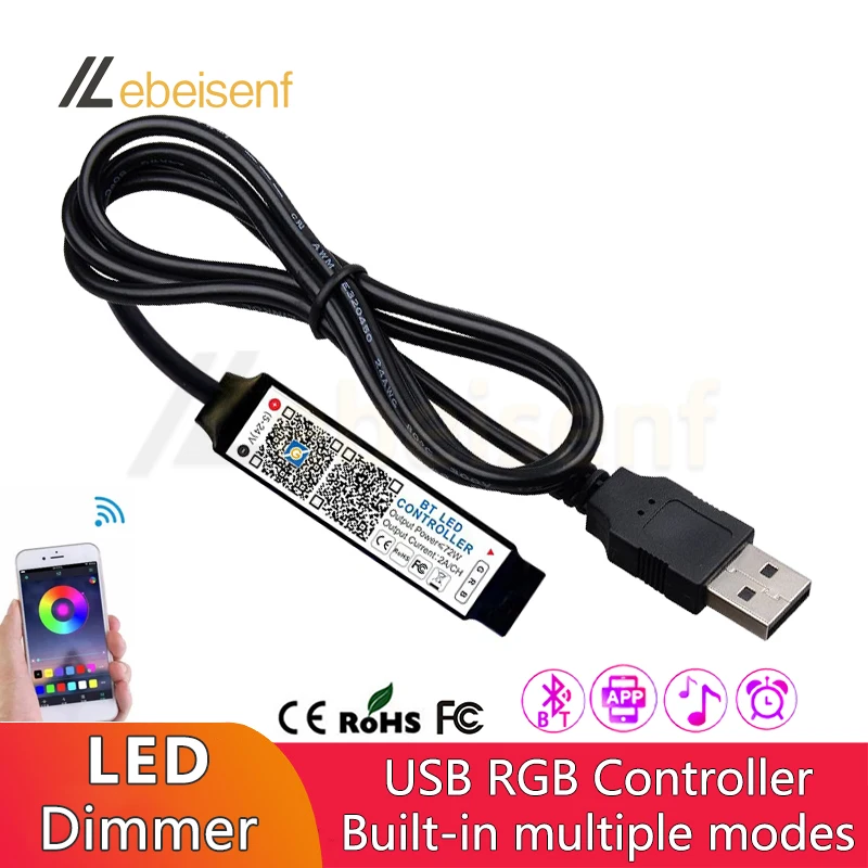 Bluetooth-Enabled Mini RGB LED Controller for Music Sync & Smart App Control of RGB Tape Lights - USB5V DC 5V/12V/24V Compatible