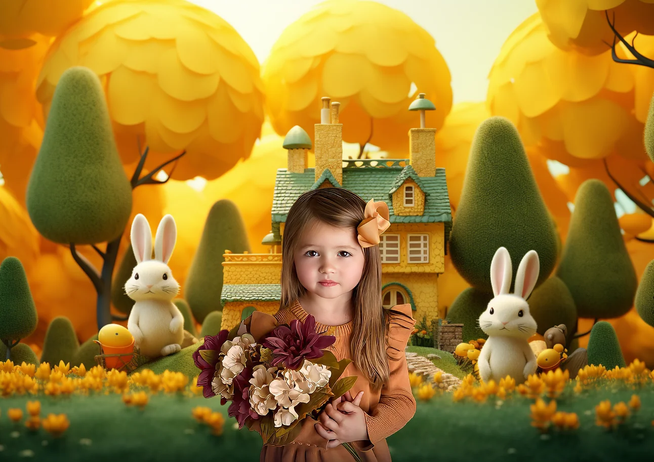 Spring Photography Backdrop Easter Bunny Miniature House Yellow Green Trees Baby Shower Kids Birthday Portrait Photo Background