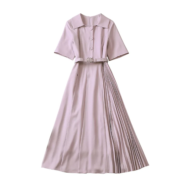 

Women A-Line Dress Short Sleeve Turn-Down Collar Purple Dress With Sashes