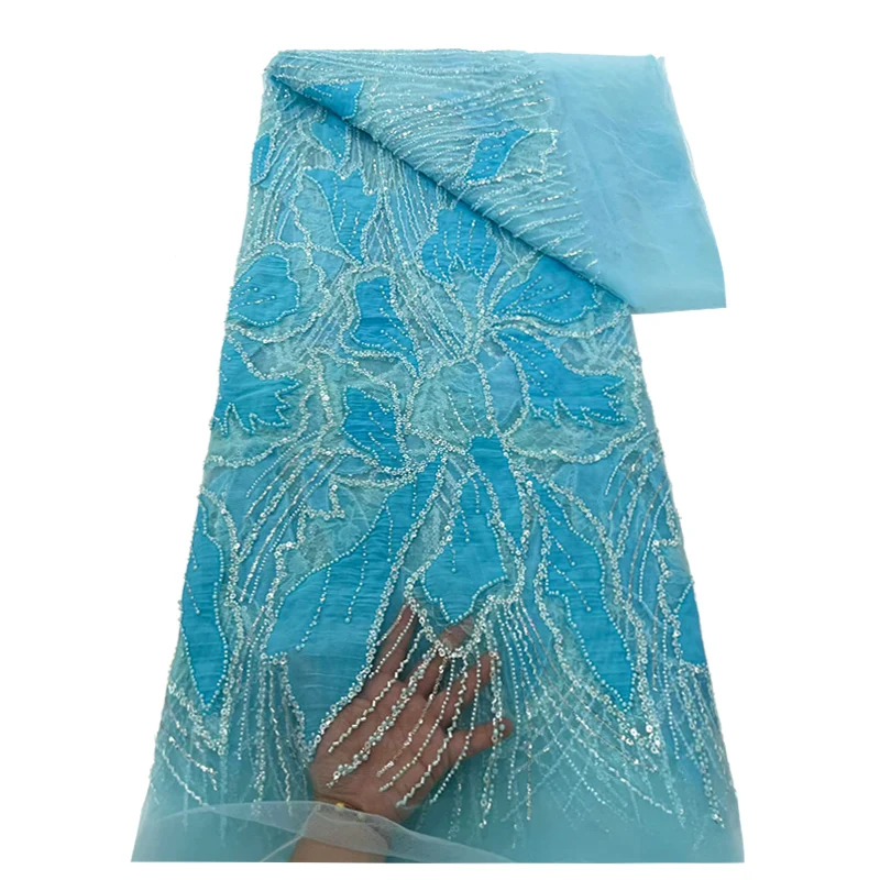 

African sequined beaded Lace Fabric high quality 2026 floral embroidery beads Nigerian net fabric tulle lace sewn wedding dress