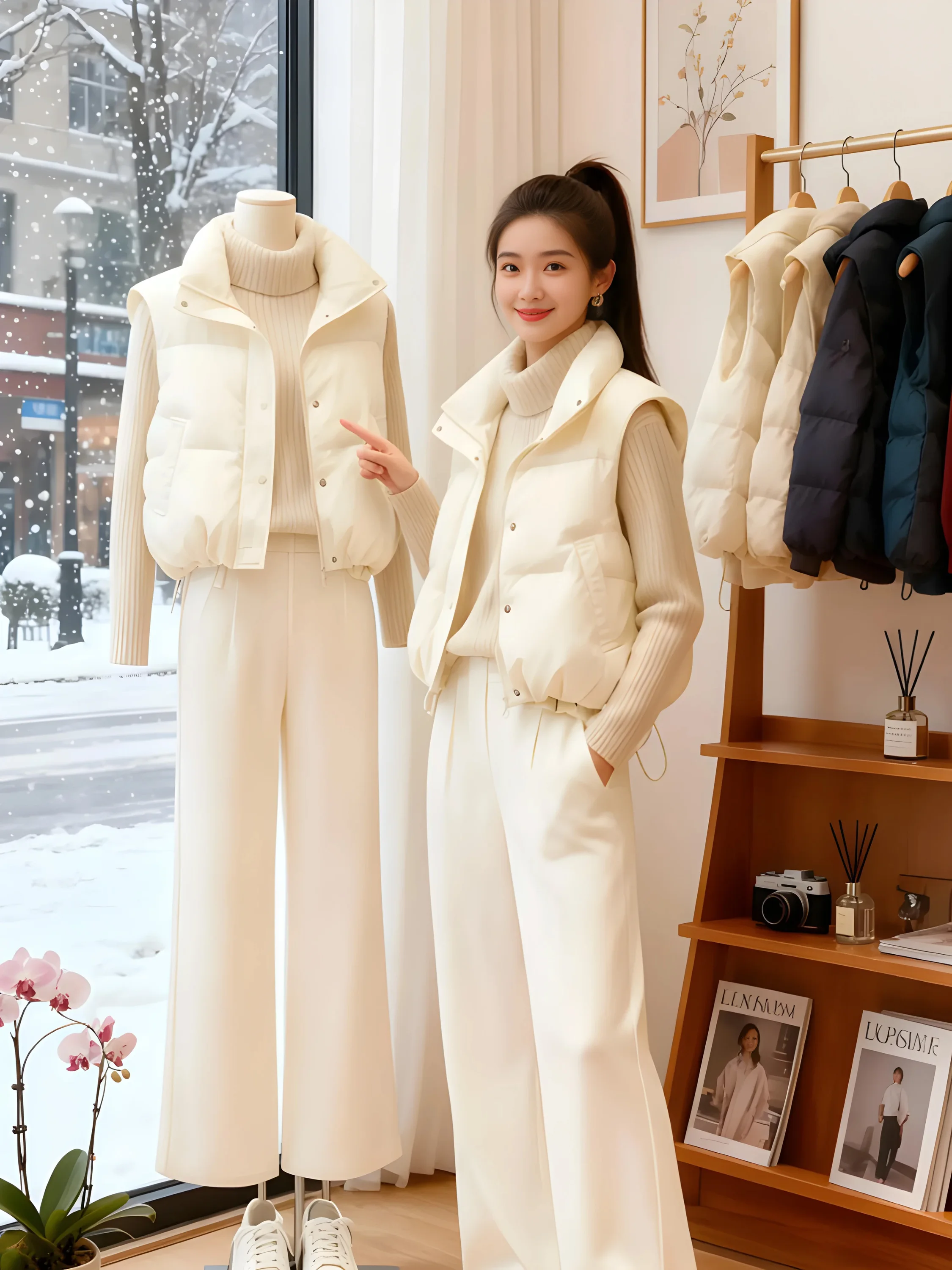 Korean Style Women's down Cotton Vest Bread Clothes Fashionable Autumn Winter Outerwear Zipper Closure Thickened Warm Pure Color
