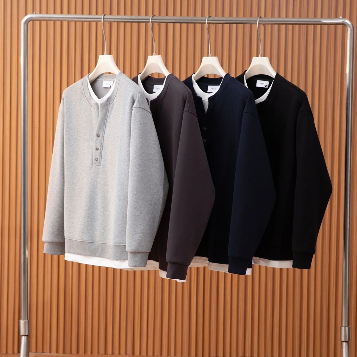 

Thiened Fce Retro Henry Collar Winter Men's Fake Two-Piece round Ne Color Casual Sweatirt Warm Wear-Resistant