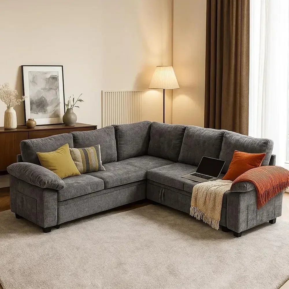 5-Seat Grey Sectional Sofa with Pull-Out Bed and Removable Cover, L-Shaped Storage Couch for Living Room