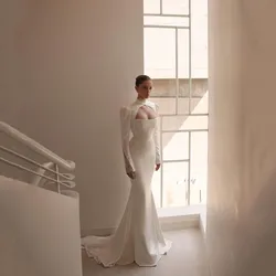 Modern Satin Mermaid Wedding Dress Simple Long Sleeves Bridal Gown Pleated Lace High Neck Sexy Backless Zipper Gowns Customized