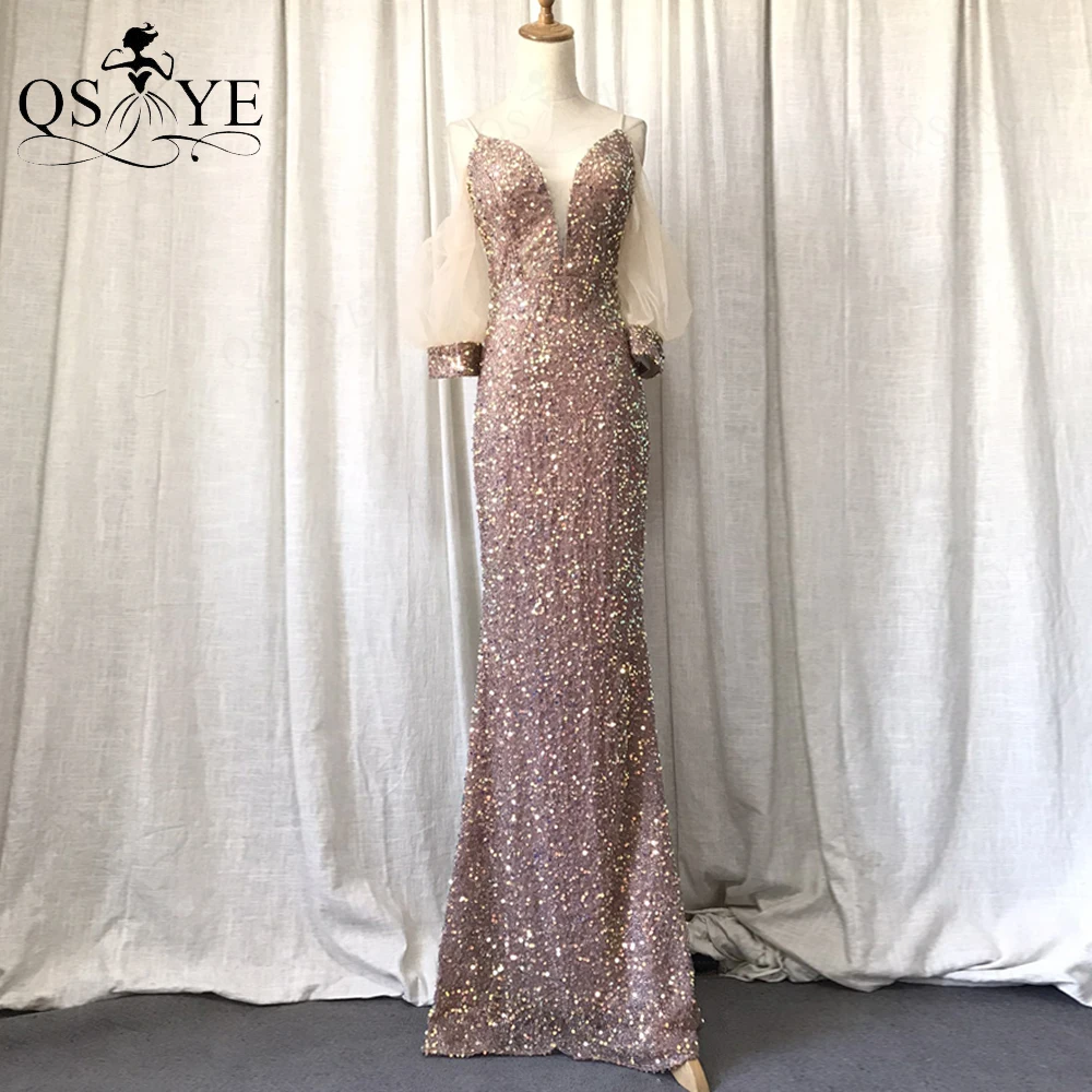 

Puffy Sleeves Brown Evening Dresses Mermaid Sequin Prom Gown Spaghetti Straps Party Dress V Neck Formal Gown Women Gold Dress