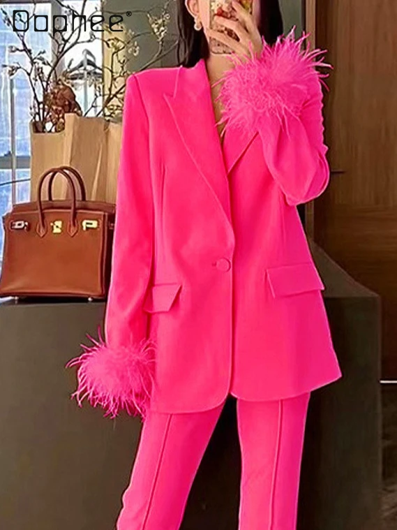 

2025 Spring Autumn New European American Fashionable Ostrich Feather Suit Two-Piece Set Elegant High End Women's Pants Sets