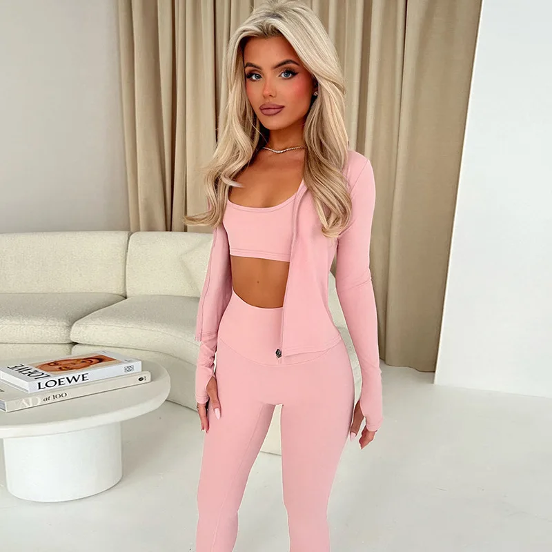 

BKLD Solid Color Fashion Stand Collar Zipper Cardigan Tight Pants Casual Yoga Suit Sets Women Clothing Two Pieces Outfits