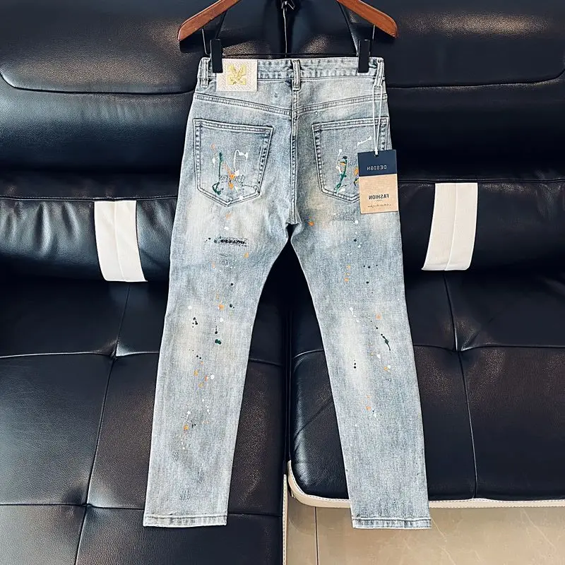 High-quality Spring Autumn Hiphop Men's Light Blue Jeans Korean Styles Washed Casual Denim Slim-fit Color Splashes Pencil Pants