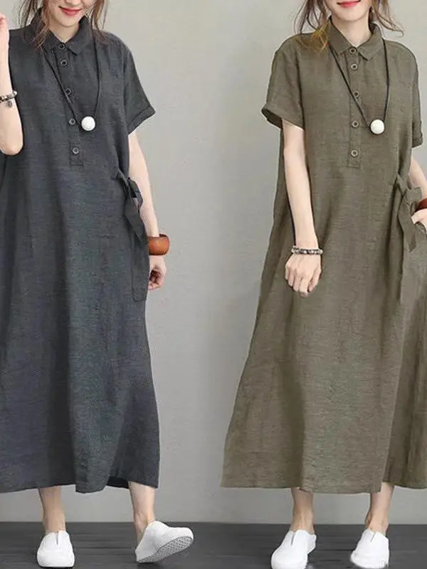 

Casual Cotton Linen Short Sleeve Dress Women Summer Fashion Loose Shirt Style mid Length A-Line Skirt High Waist Breathable