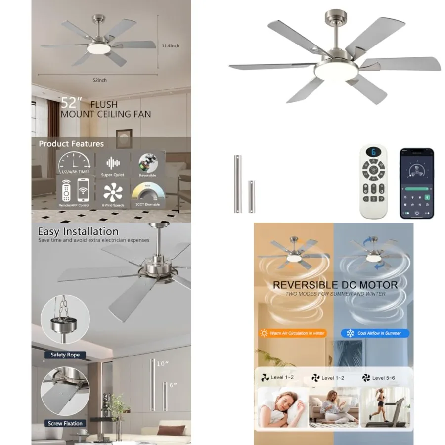 

52 Inch Low Profile Ceiling Fan with Light, Remote and App Control, 3CCT Dimmable, 6 Speed 6 Blades Ceiling Fans, Quiet Reversi